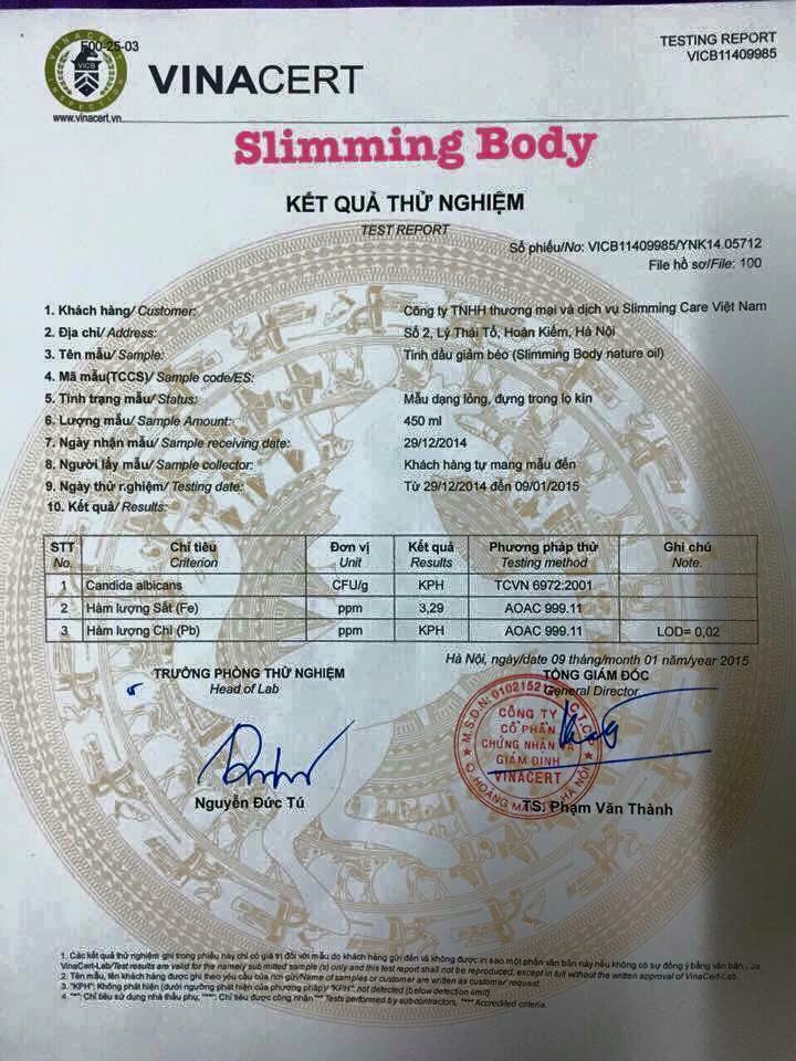 Slimming Body Natural Oil đã được kiểm nghiệm và chứng nhận