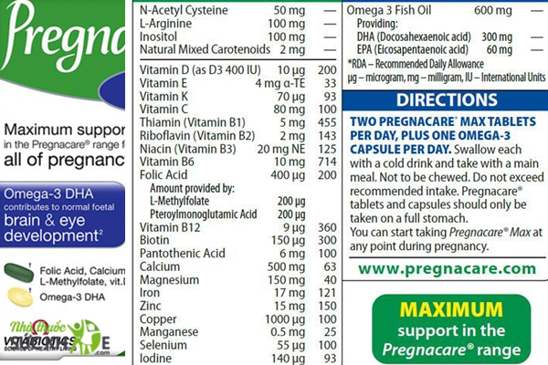 Thành phần vitamin bầu pregnacare max