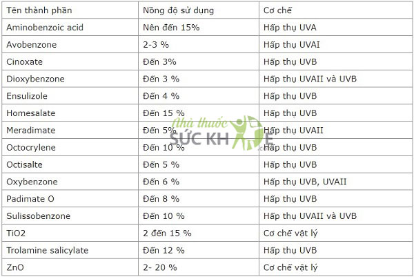 Thành phần kem chống nắng 